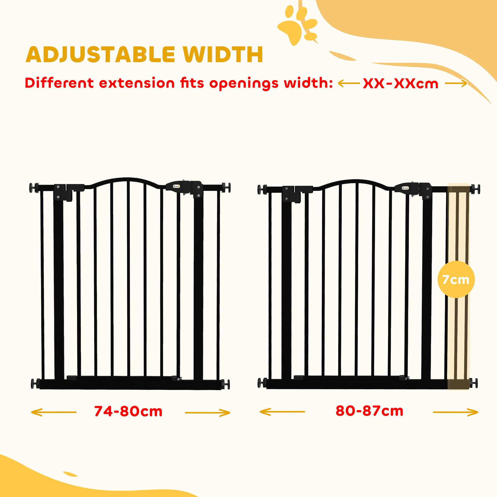 PawHut Metal 74-87cm Adjustable Pet Gate Safety Barrier w/ Auto-Close Door Black - Image 4