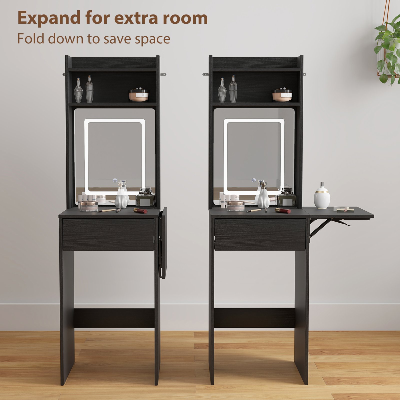 HOMCOM Small Vanity Desk with Mirror and LED Lights, Compact Dressing Table with Drop Leaf, Open Shelves and Drawer, Black - Image 5