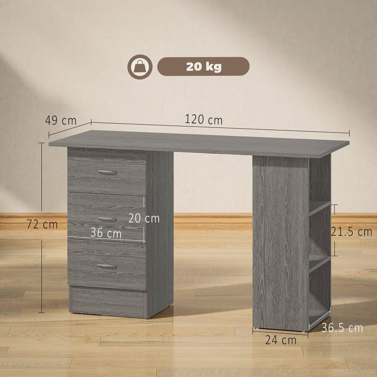 HOMCOM Computer Desk with Drawers, Home Office Desk, Writing Table, PC Workstation with 3 Storage Shelves for Working, Study, 120 x 49 x 72 cm, Grey - Image 3