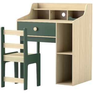 AIYAPLAY Kids Desk and Chair Set with Storage Shelves and Drawer, Green