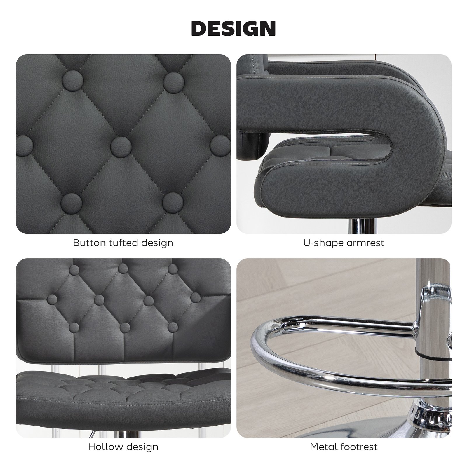 HOMCOM PU Leather Upholstered Swivel Bar Stool, Height Adjustable with Back, Armrest, Footrest, Grey - Image 7