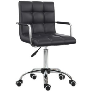 Vinsetto Makeup Vanity Chair, PU Leather Mid Back Office Chair with Adjustable Height, Armrest and Rolling Wheels, Black