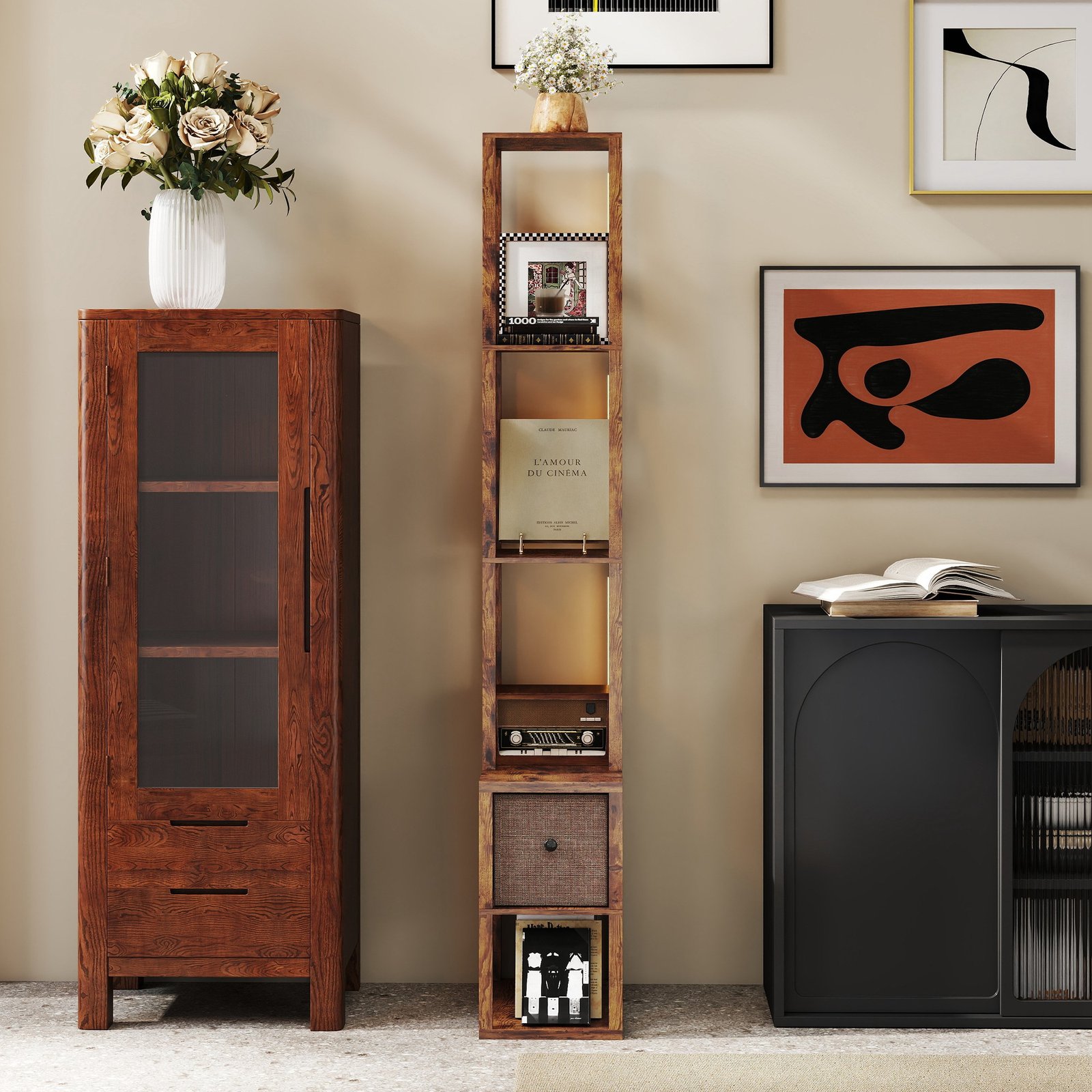HOMCOM Floor Lamp with Shelves, LED Column Modern Standing Lamp with Fabric Drawer, Adjustable Brightness, Foot Switch for Living Room, Bedroom, Office, Rustic Brown - Image 9