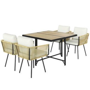 Outsunny 5 Piece Garden Furniture Set, Garden Dining Set with Wood-Plastic Table and 4 Armchairs, Beige