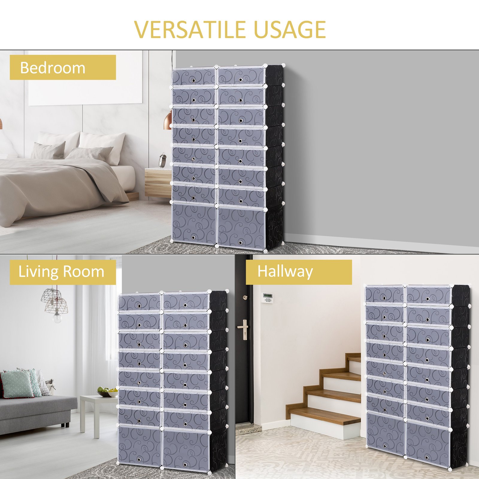 HOMCOM 16 Cube Shoe Rack, 2 x 8 Tier Shoe Storage Cabinet, Modular Plastic Shelves for Bedroom, Living Room and Entryway, Space Saving Footwear Organizer, 32 Pairs, White and Black - Image 8
