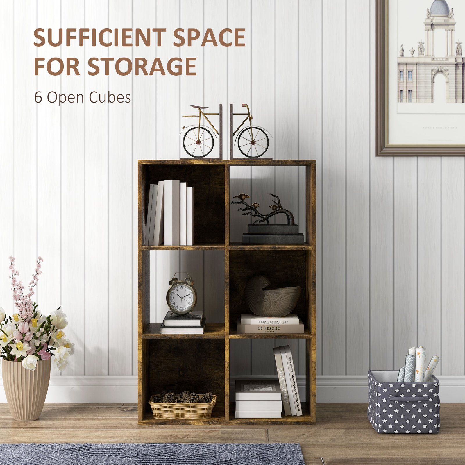HOMCOM 6-Cube Bookshelf - Rustic Brown - Image 4