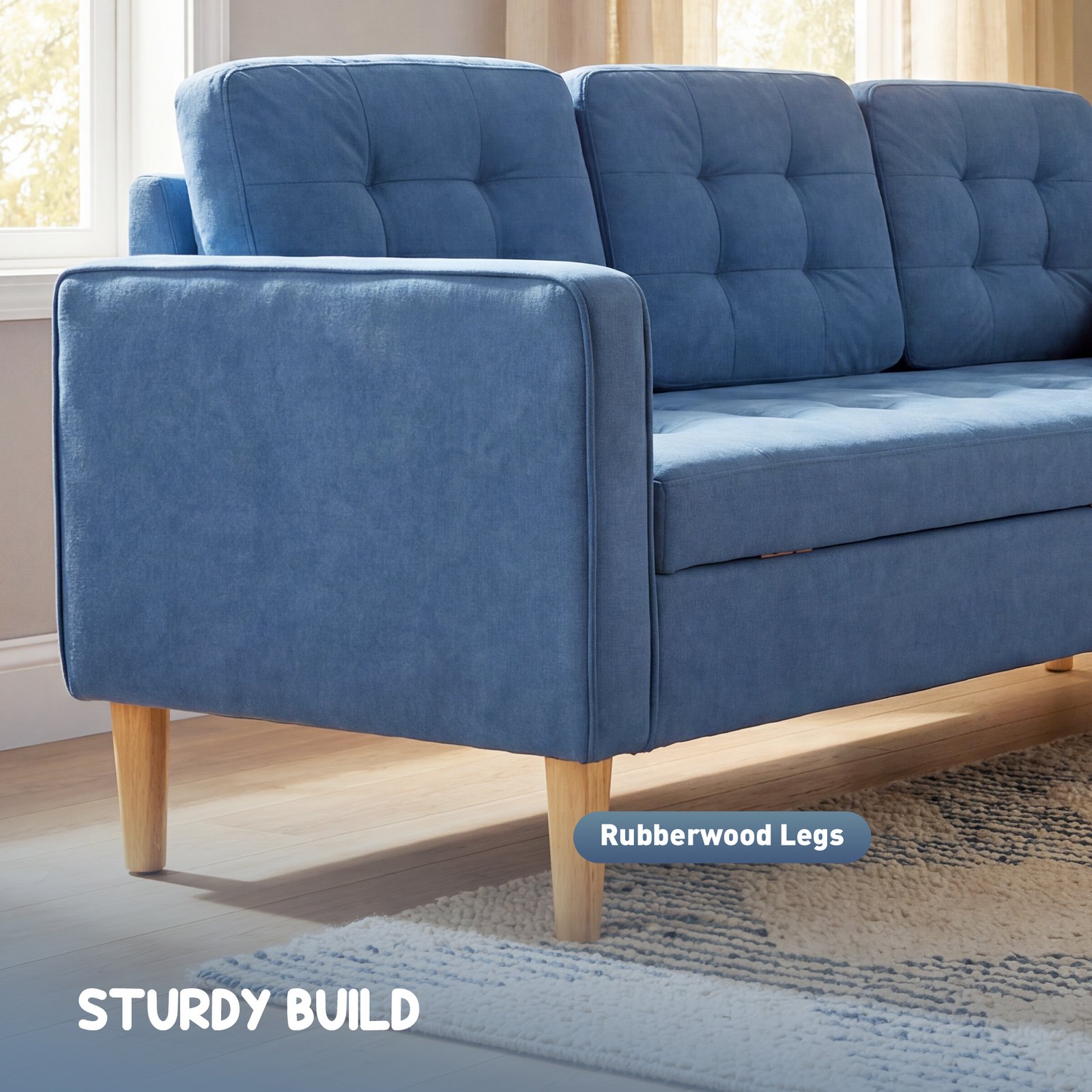 HOMCOM 3 Seater Sofa, 169cm Couch with Hidden Storage, Wood Legs, Blue - Image 5
