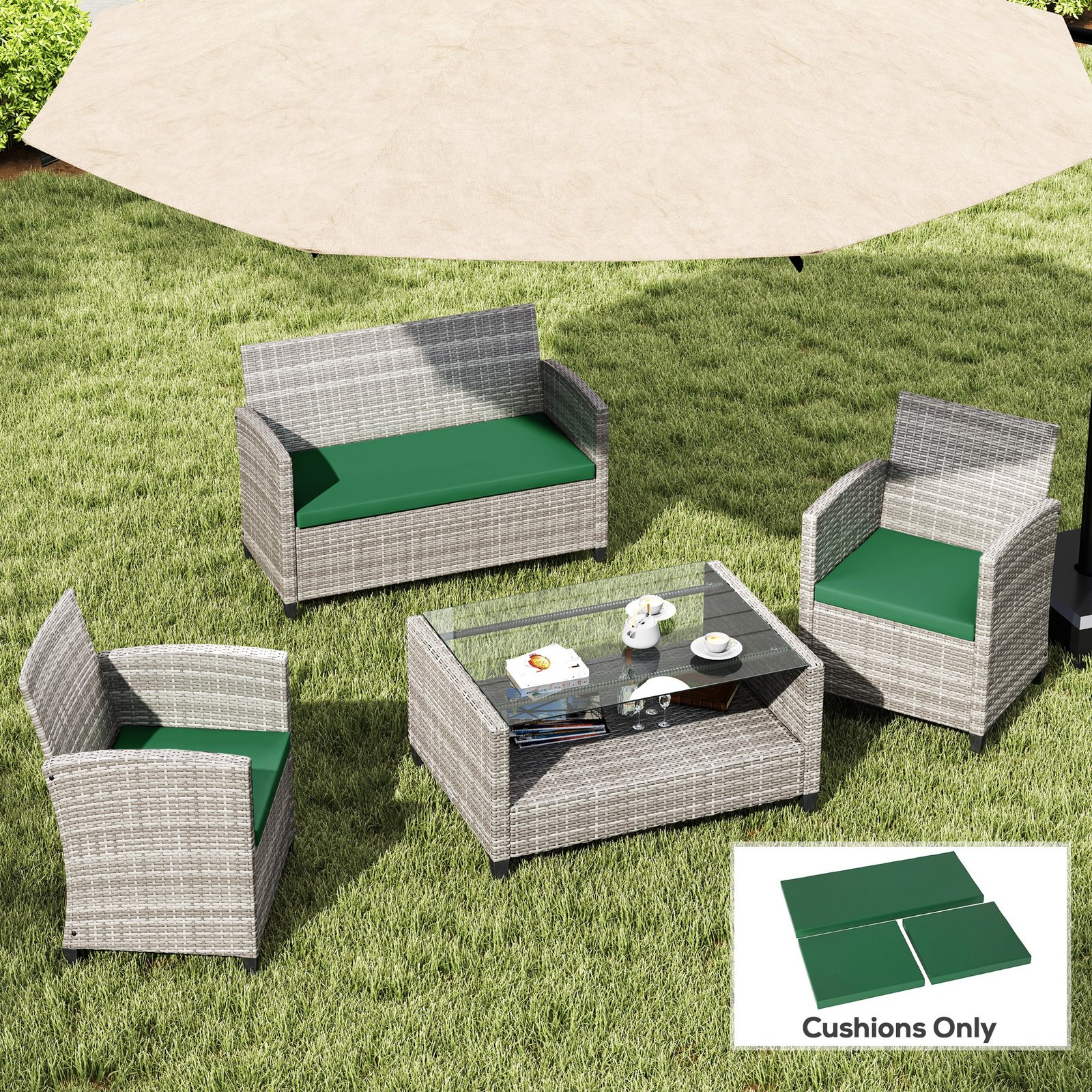 Outsunny Outdoor Seat Cushion Pads for Rattan Furniture, 3 PCs Garden Furniture Cushions, Green - Image 2
