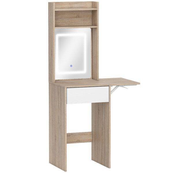 HOMCOM Small Vanity Desk with Mirror and LED Lights, Compact Dressing Table with Drop Leaf, Open Shelves, Natural Wood HOMCOM Small Vanity Desk with Mirror and LED Lights, Compact Dressing Table with Drop Leaf, Open Shelves, Natural Wood