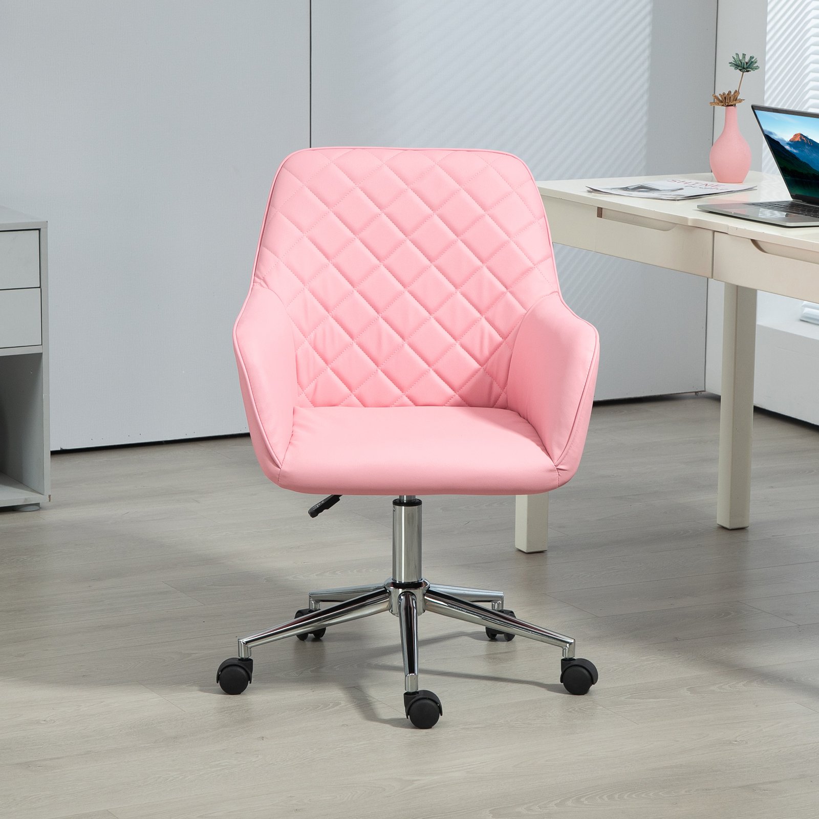 Vinsetto Office Desk Chair, Leather-Feel Fabric Computer Swivel Chair with Rolling Wheels and Adjustable Height for Home, Pink - Image 7