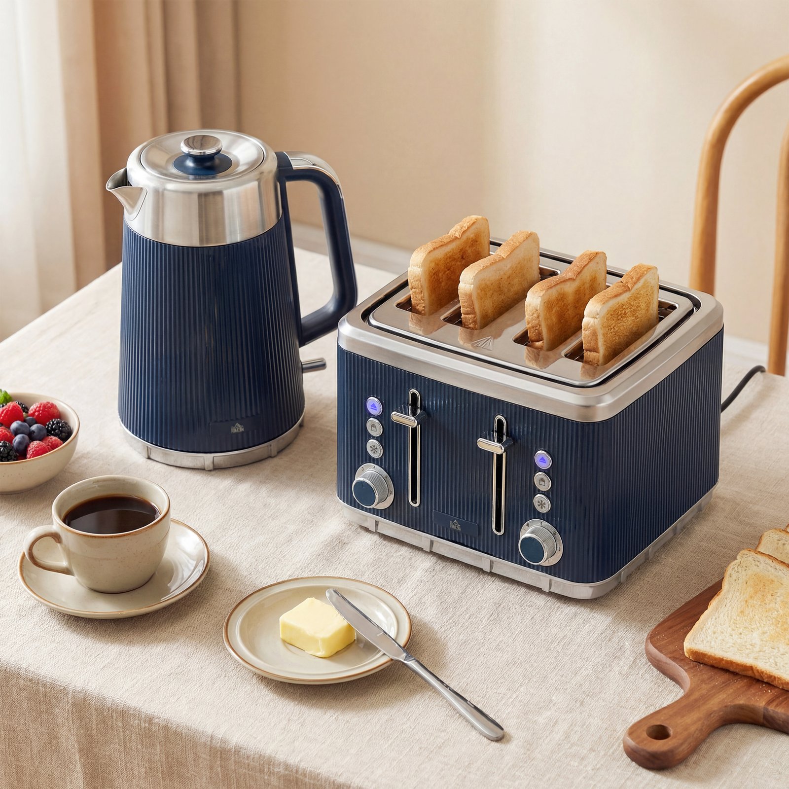 HOMCOM Electric Stainless Steel Kettle and Toaster Set, 3000W 1.7L UK Strix Thermostat Dark Blue - Image 2