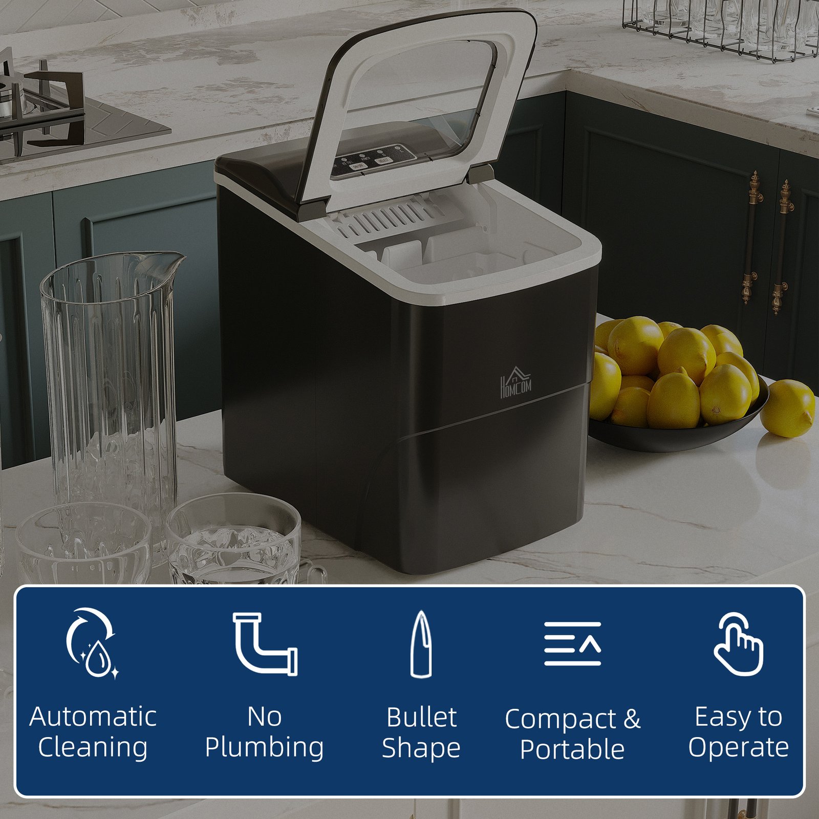 HOMCOM 12kg Countertop Ice Cube Machine, with Scoop - Black - Image 4