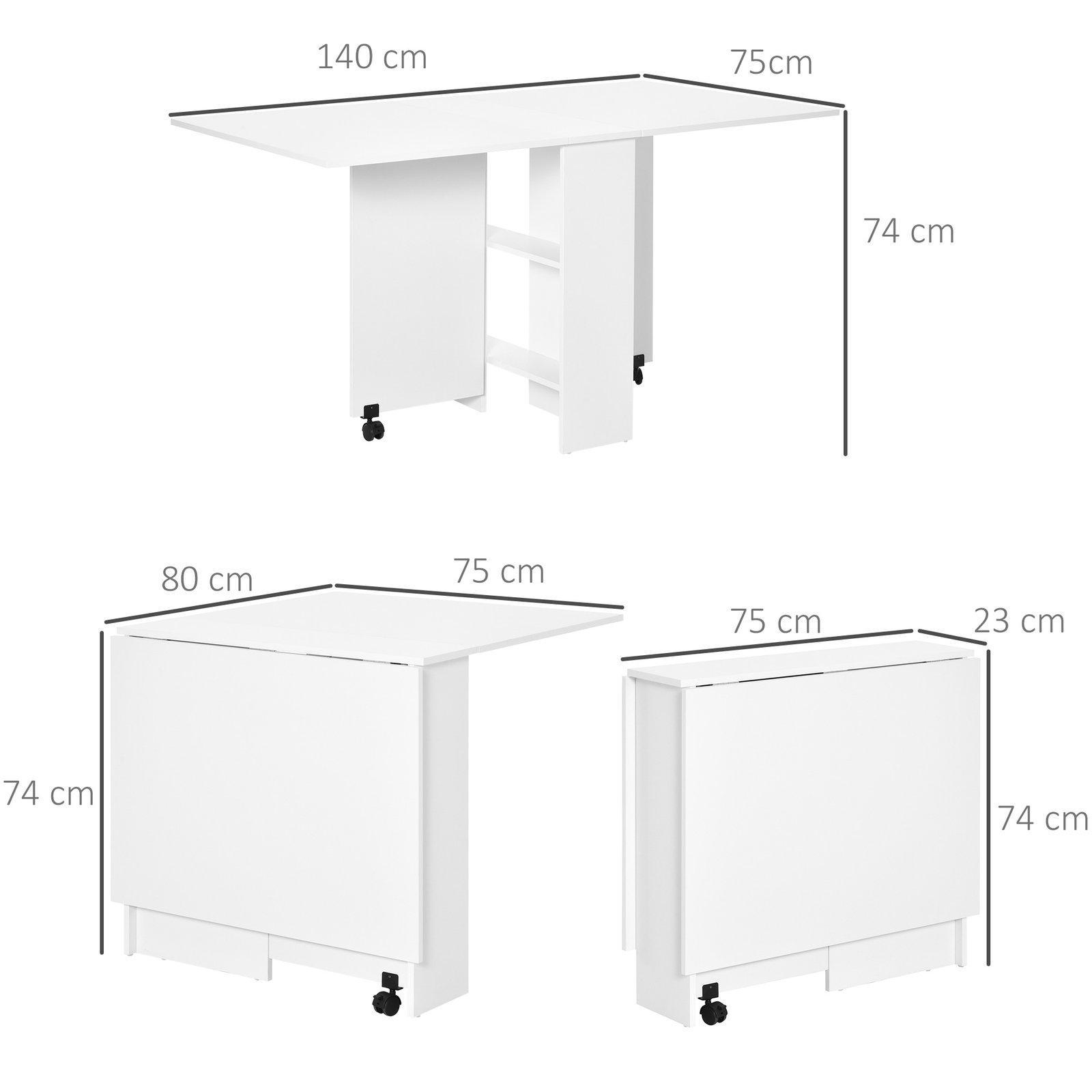 HOMCOM Folding Dining Table, Drop Leaf Table with 2-Tier Shelves, Rolling Casters, for Small Spaces, Kitchen, White - Image 3
