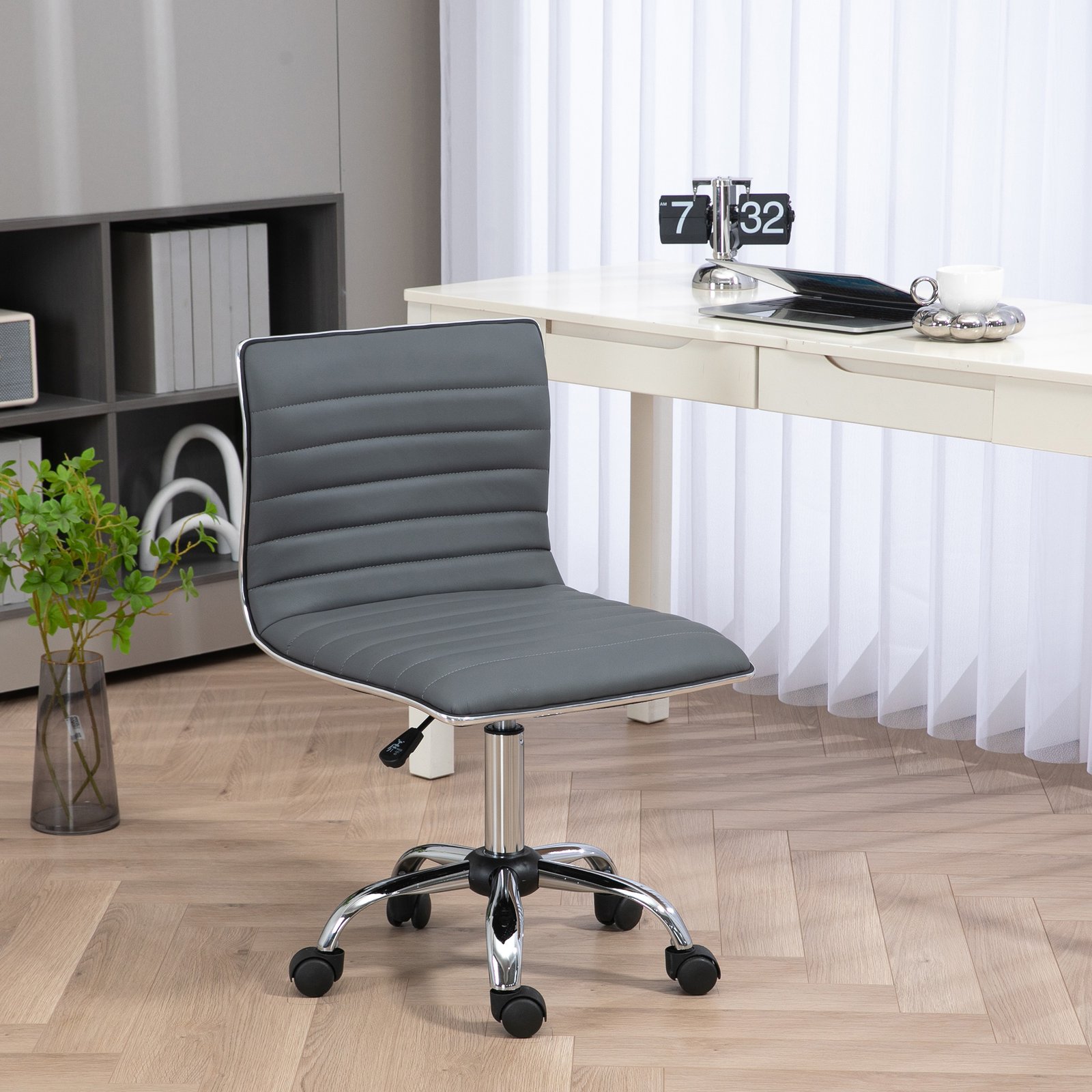HOMCOM Armless Task Desk Chair, Swivel Office Chair with Faux Leather, Adjustable Seat Height, Chrome Base, Wheels for Home, Dark Grey - Image 2