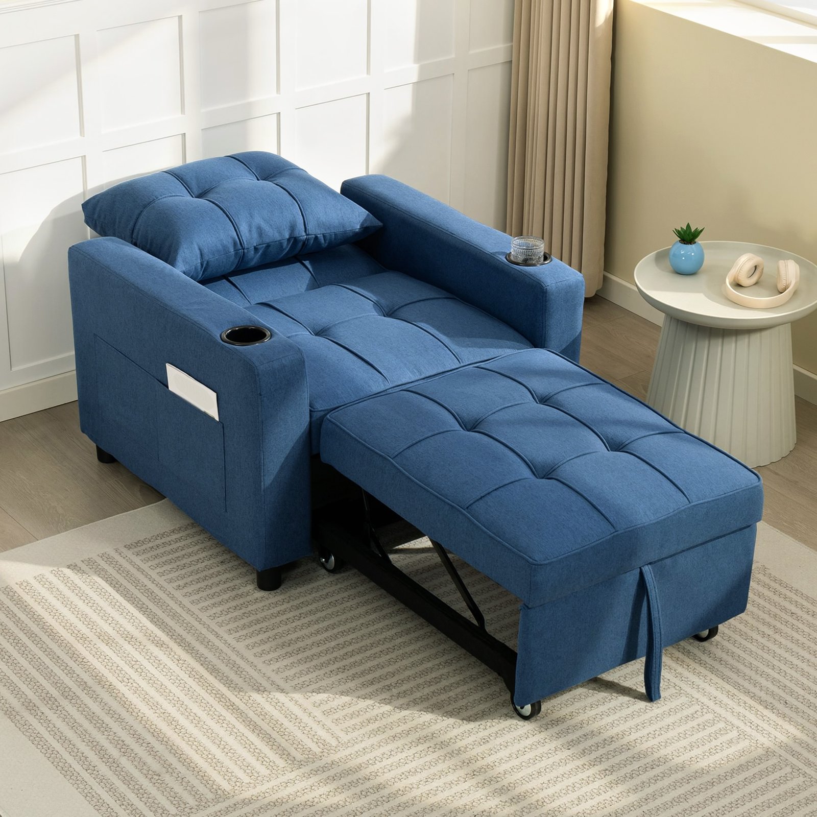HOMCOM 3-in-1 Single Sofa Bed, Convertible Sleeper Chair Bed with 3-level Adjustable Back - Dark Blue - Image 8