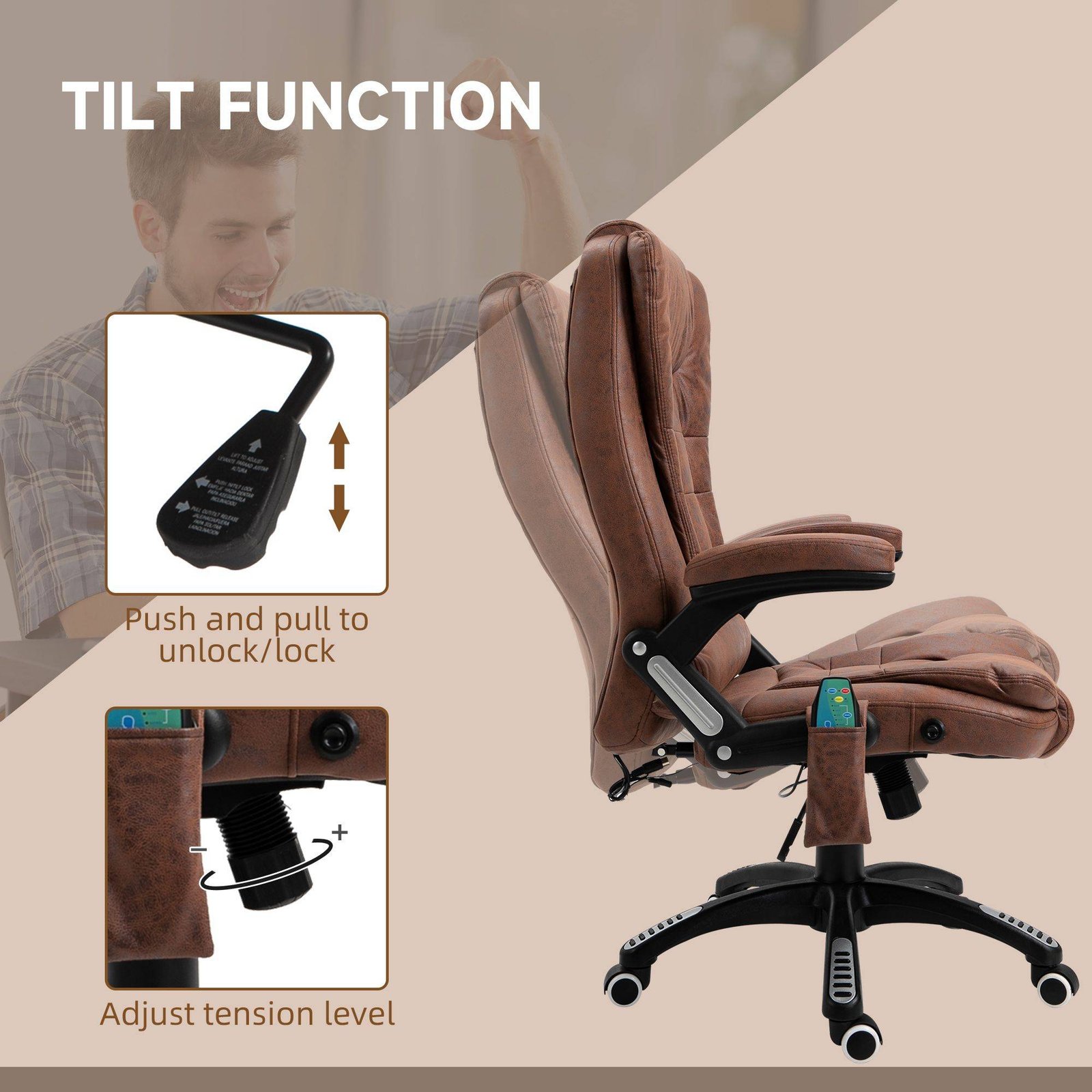 Vinsetto Massage Recliner Chair Heated Office Chair with Six Massage Points Microfiber Cloth 360° Swivel Wheels Brown - Image 6