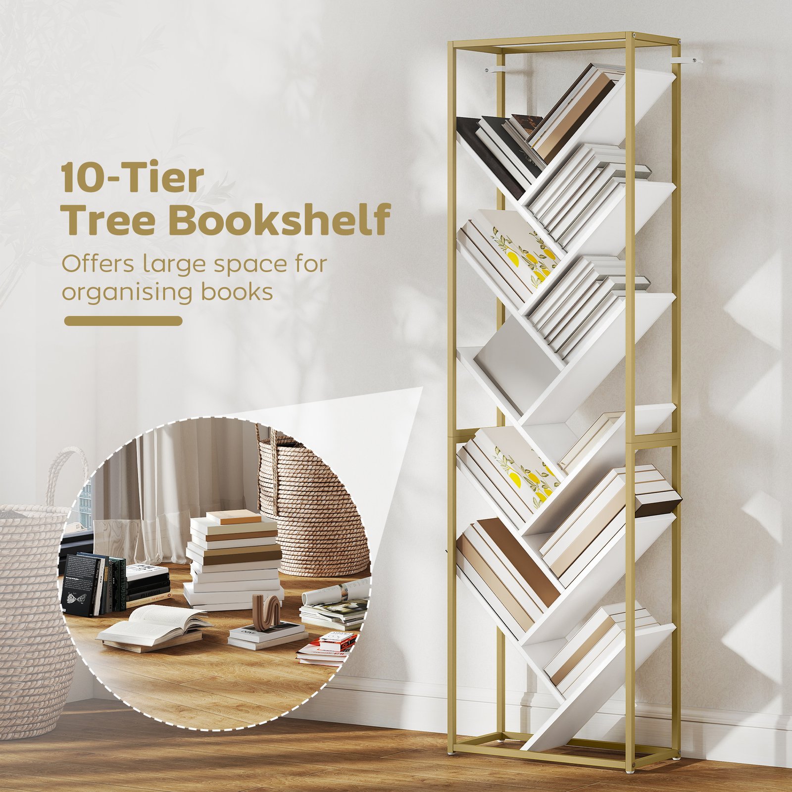 HOMCOM 10 Shelf Modern-Style Bookshelf - Gold Tone/White - Image 4