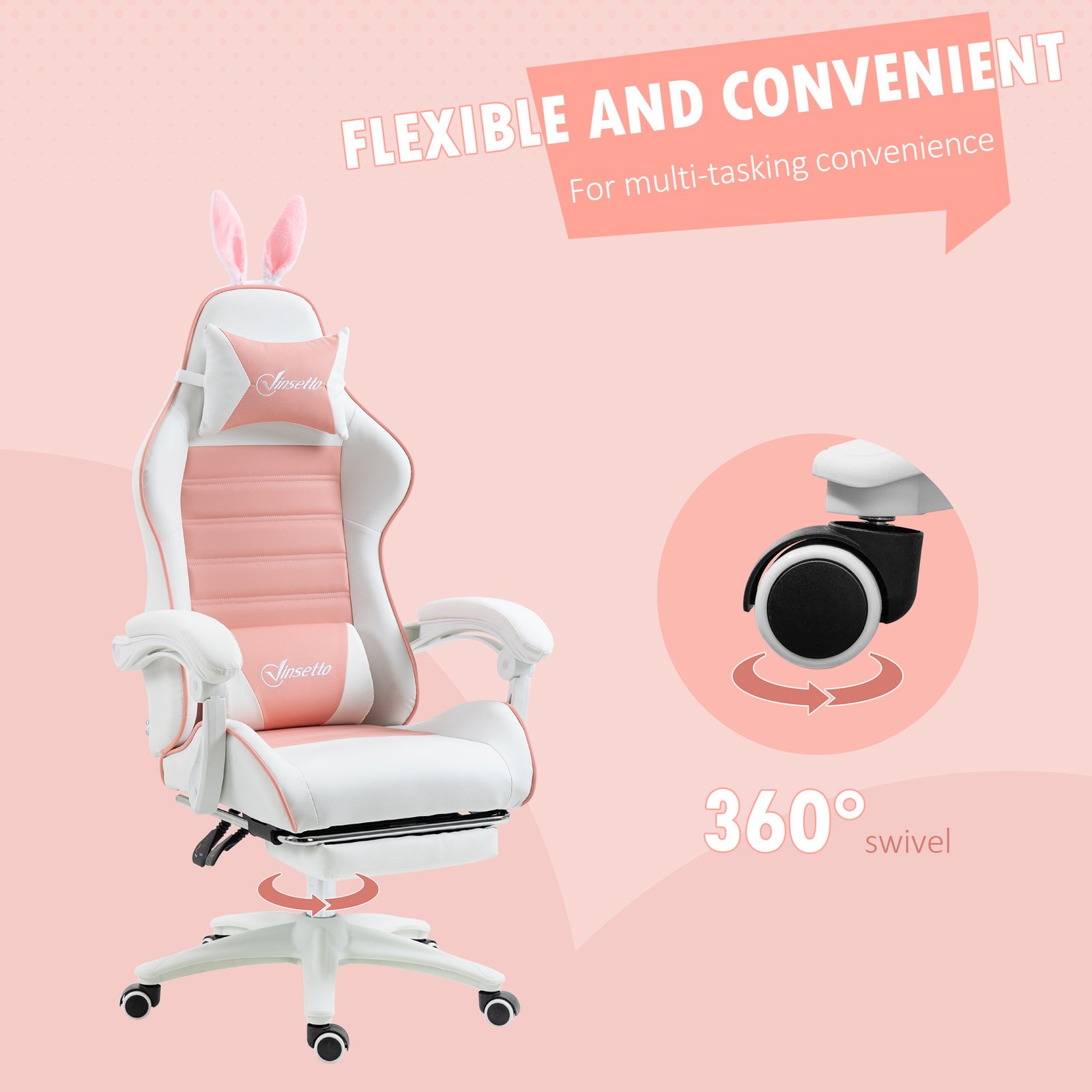 Vinsetto Racing Gaming Chair, Reclining PU Leather Computer Chair with Removable Rabbit Ears, Footrest, Headrest and Lumber Support, Pink - Image 8