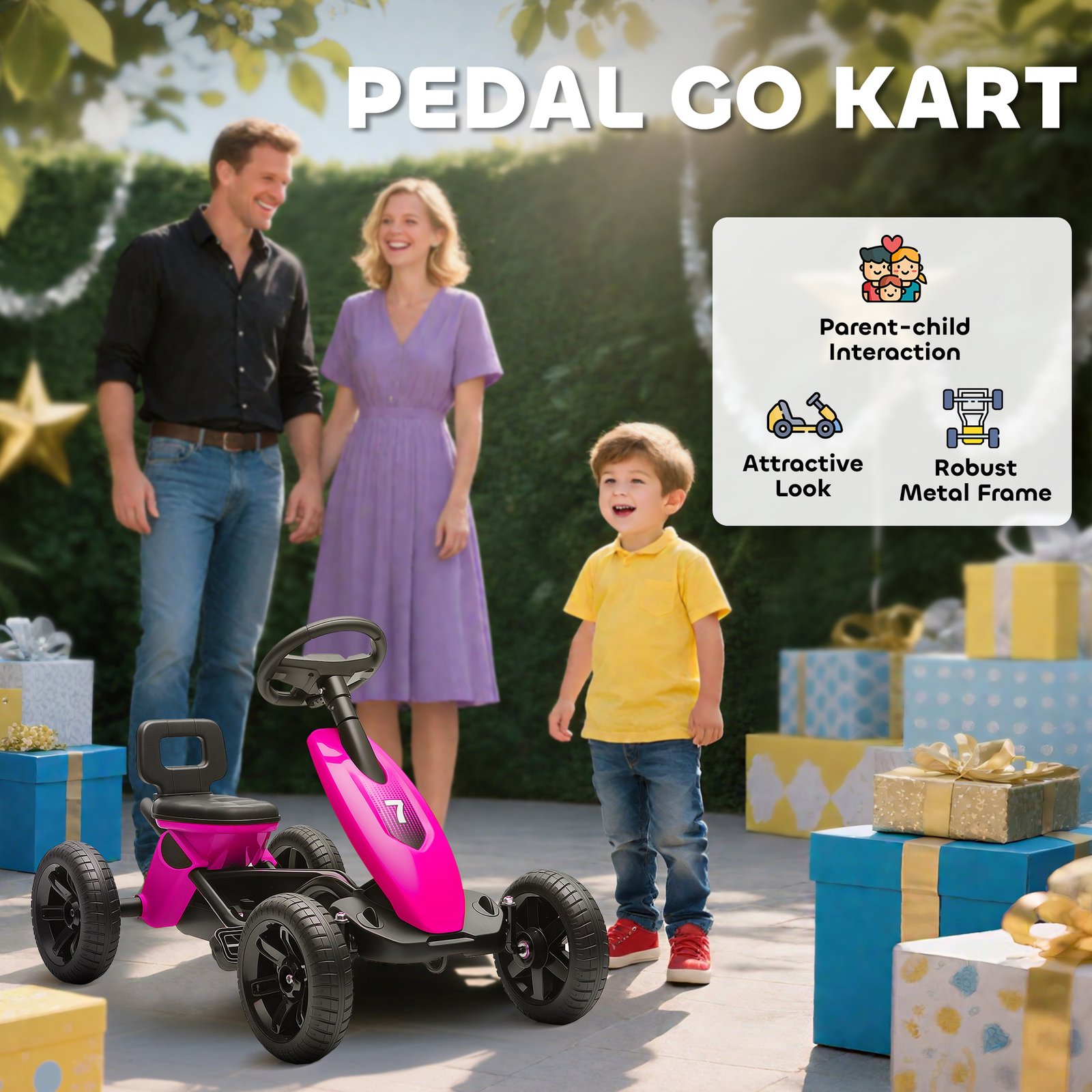 AIYAPLAY Pedal Go Kart for Kids 2-5 Years, with Silent EVA Wheels, Metal Frame, Pink - Image 4