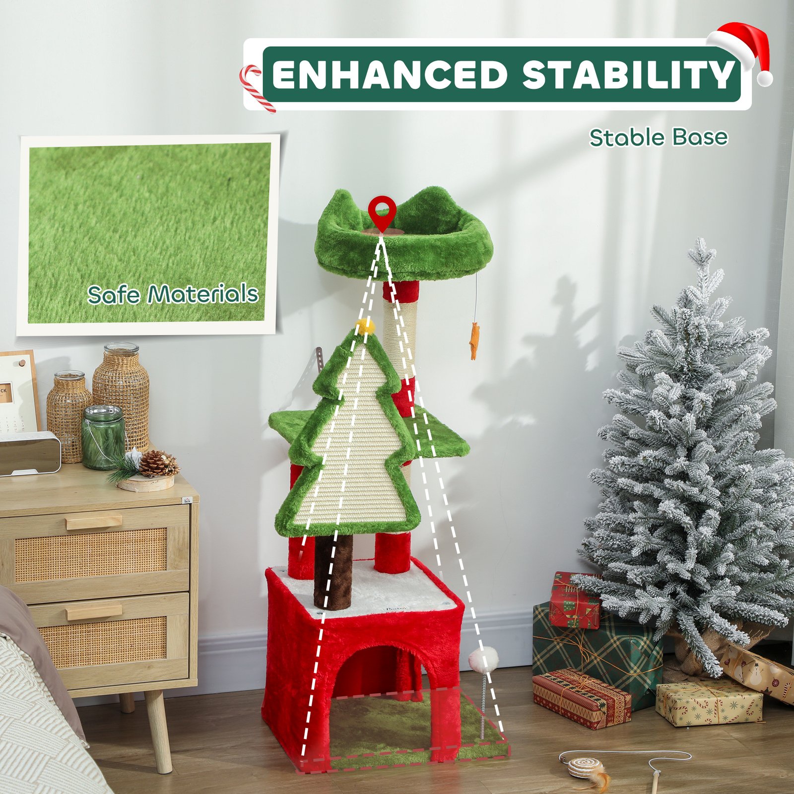 PawHut Christmas Cat Tree, 120cm Cat Tower with Scratching Post & Board, Platform, Toys, Green - Image 7