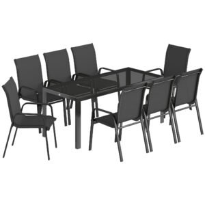Outsunny 9 Pieces Garden Dining Set, Outdoor Table and Chairs Set for 8, Garden Furniture Set with Tempered Glass Top, Black