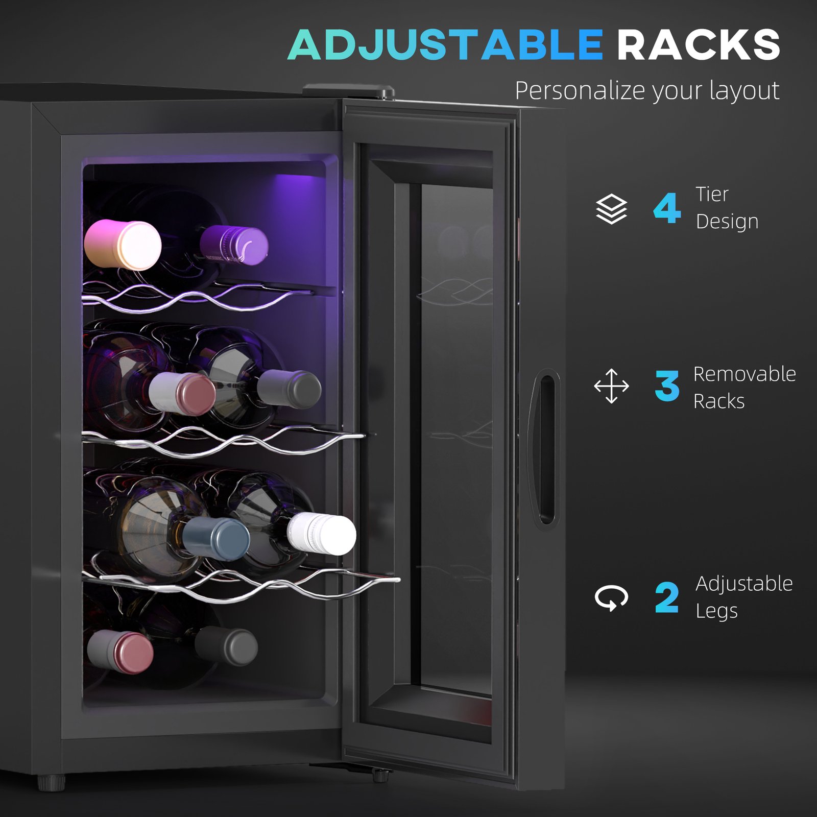 HOMCOM Mini Table Top Wine Fridge, 8 Bottle, 17L, 8-18?, 26.5cm Quiet Under Counter Wine Cooler Fridge with Glass Door, LED Light, Digital Touch Screen, Temperature Control - Image 6