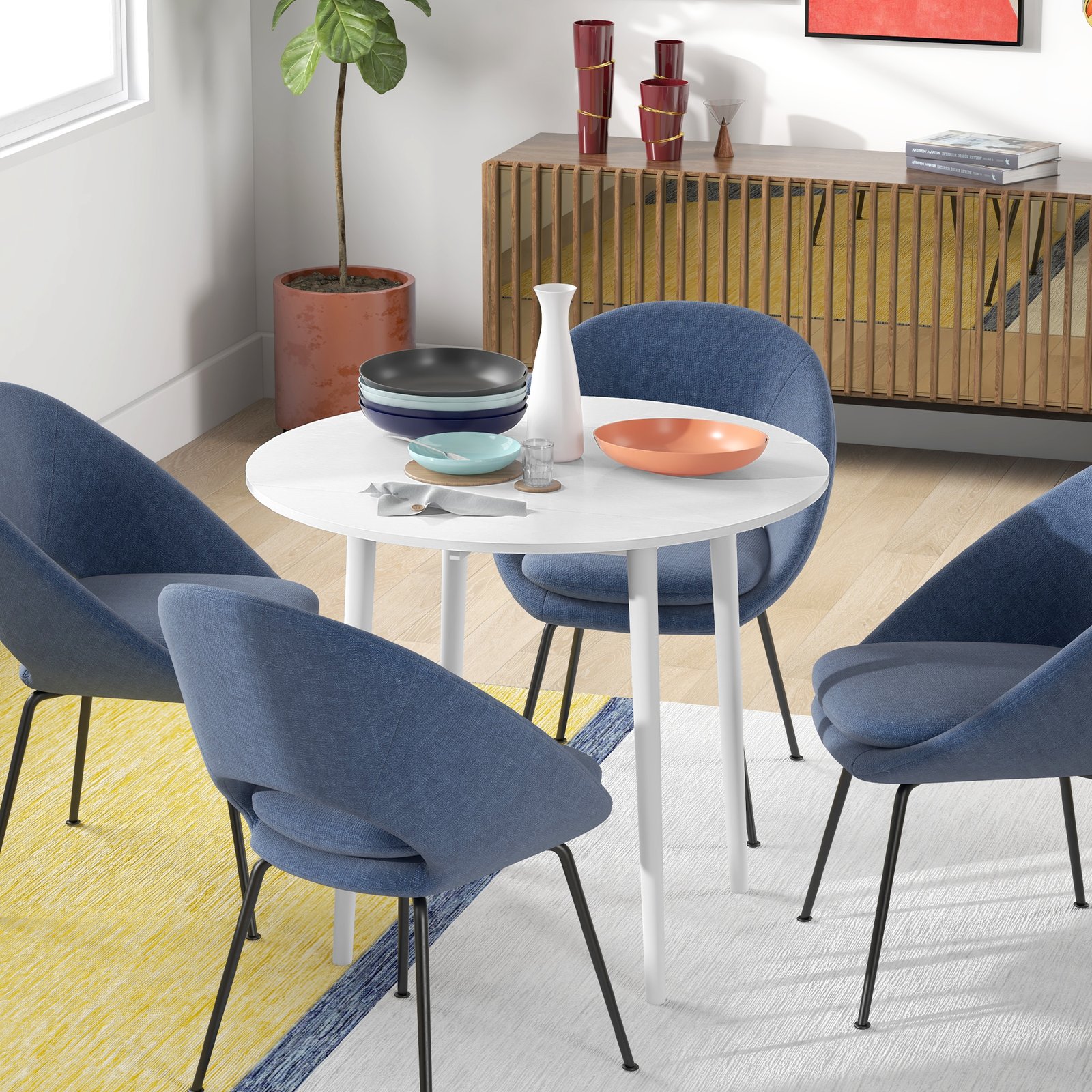HOMCOM Folding Dining Table for 4, Round Drop Leaf Table, Modern Space Saving Small Kitchen Table with Wood Legs for Dining Room, White - Image 2