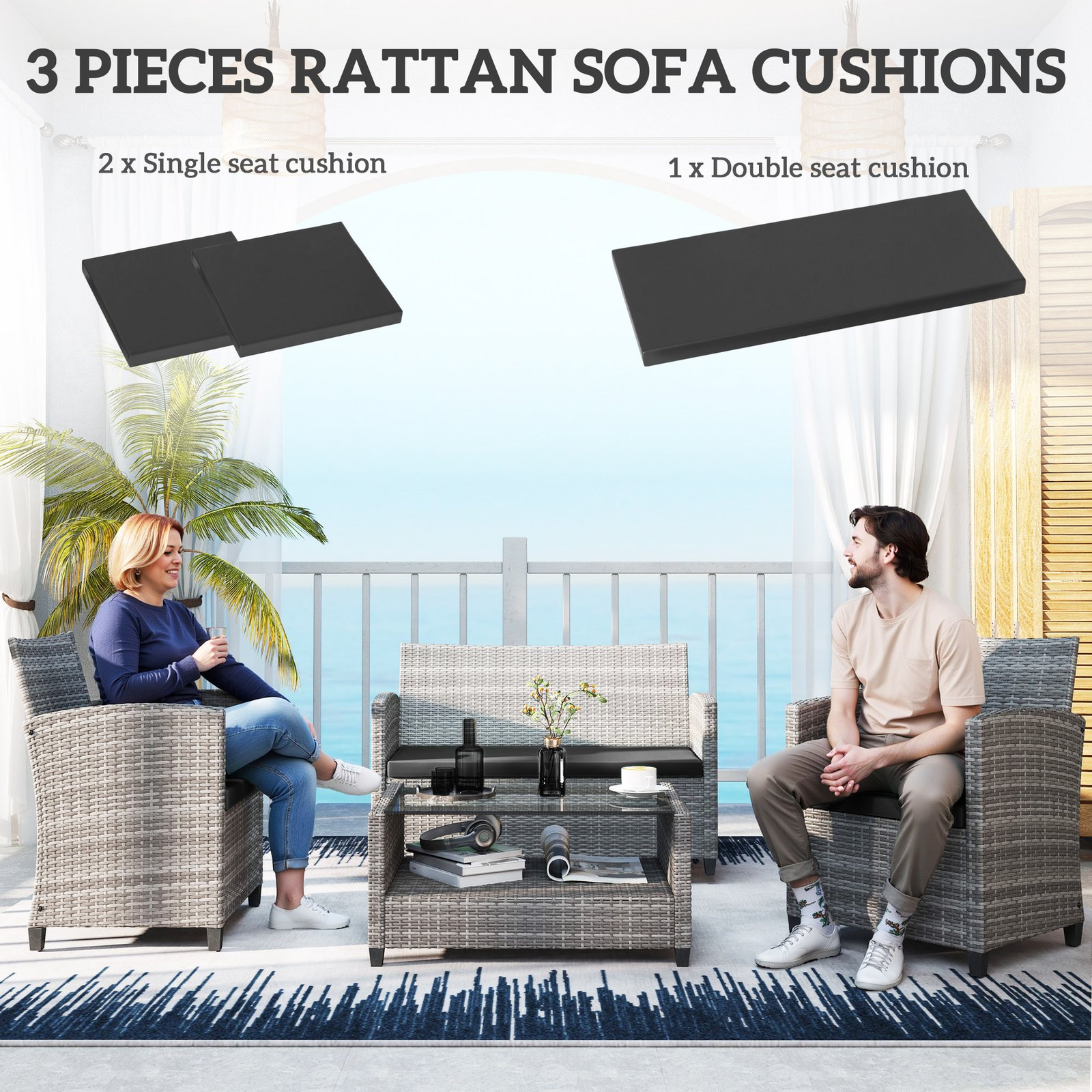 Outsunny Outdoor Seat Cushion Pads for Rattan Furniture, 3 PCs Garden Furniture Cushions, Black - Image 4