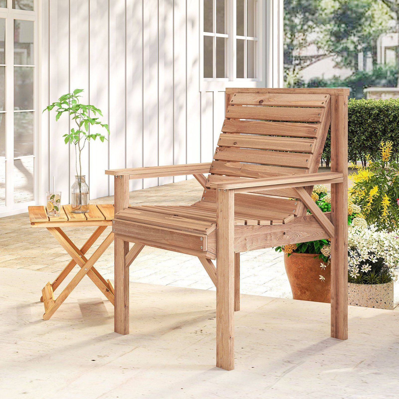 Outsunny Wooden Garden Dining Chair, Outdoor Chair Garden Armchair with Curved Seat and Wide Armrests, Natural Wood Finish - Image 9