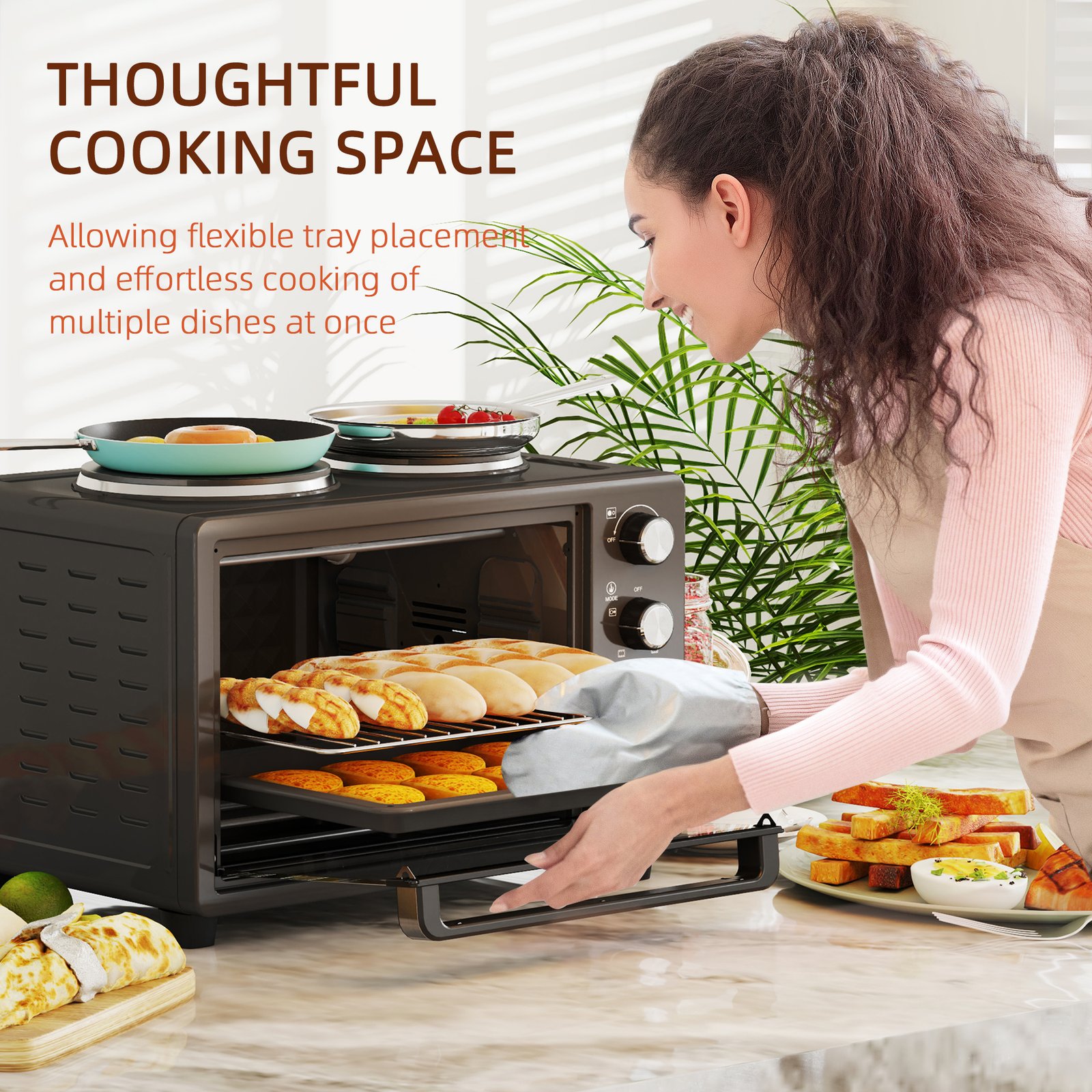 HOMCOM 28L Mini Oven with 2 Hot Plates, Countertop Toaster Oven, Grill, Roast, Bake, Boil, with Timer, Adjustable Temperature, Electric Oven with Baking Tray, Grill Rack, Crumb Tray, 2600W, Black - Image 8
