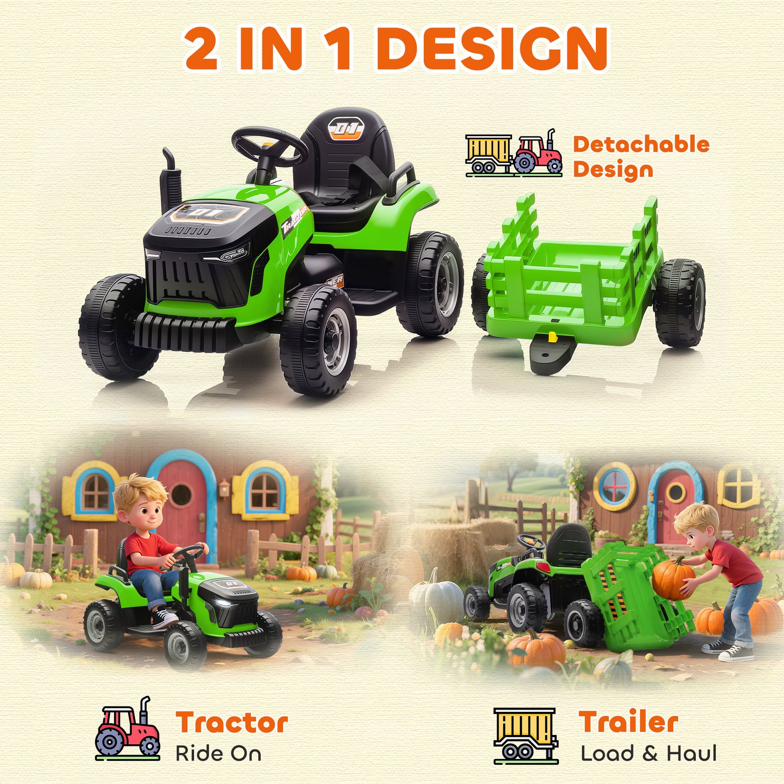 AIYAPLAY 12V Ride on Tractor and Trailer with Remote Control, Music, Shifter, Start-Up Sound, for Kids Ages 3-8 Years, Green - Image 5