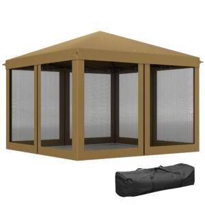 Outsunny 3 x 3 m Pop Up Gazebo, 420D Garden Tent Canopy with Removable Mesh Sidewall Netting, Carry Bag for Garden Patio Outdoor, Khaki