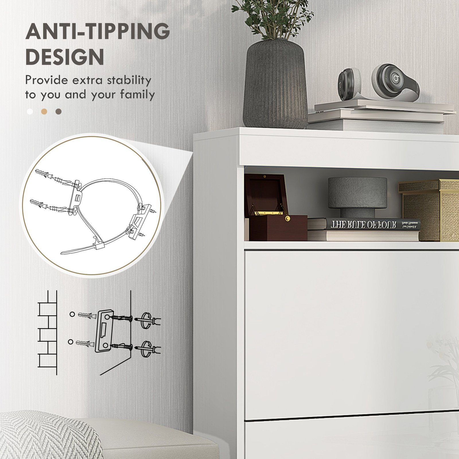 HOMCOM 16 Shoe Pair Storage Cabinet, with Flip Doors - High Gloss White - Image 6