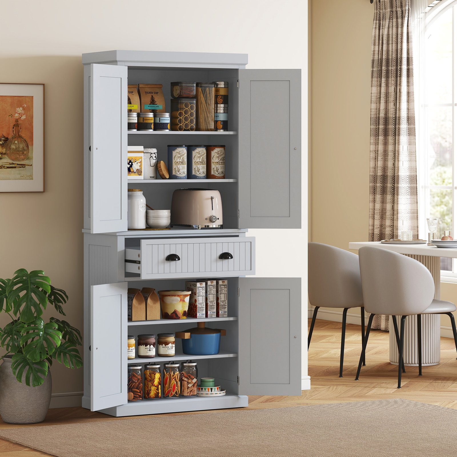 HOMCOM Multi-Storage Mid-Century Kitchen Cabinet - Grey - Image 2