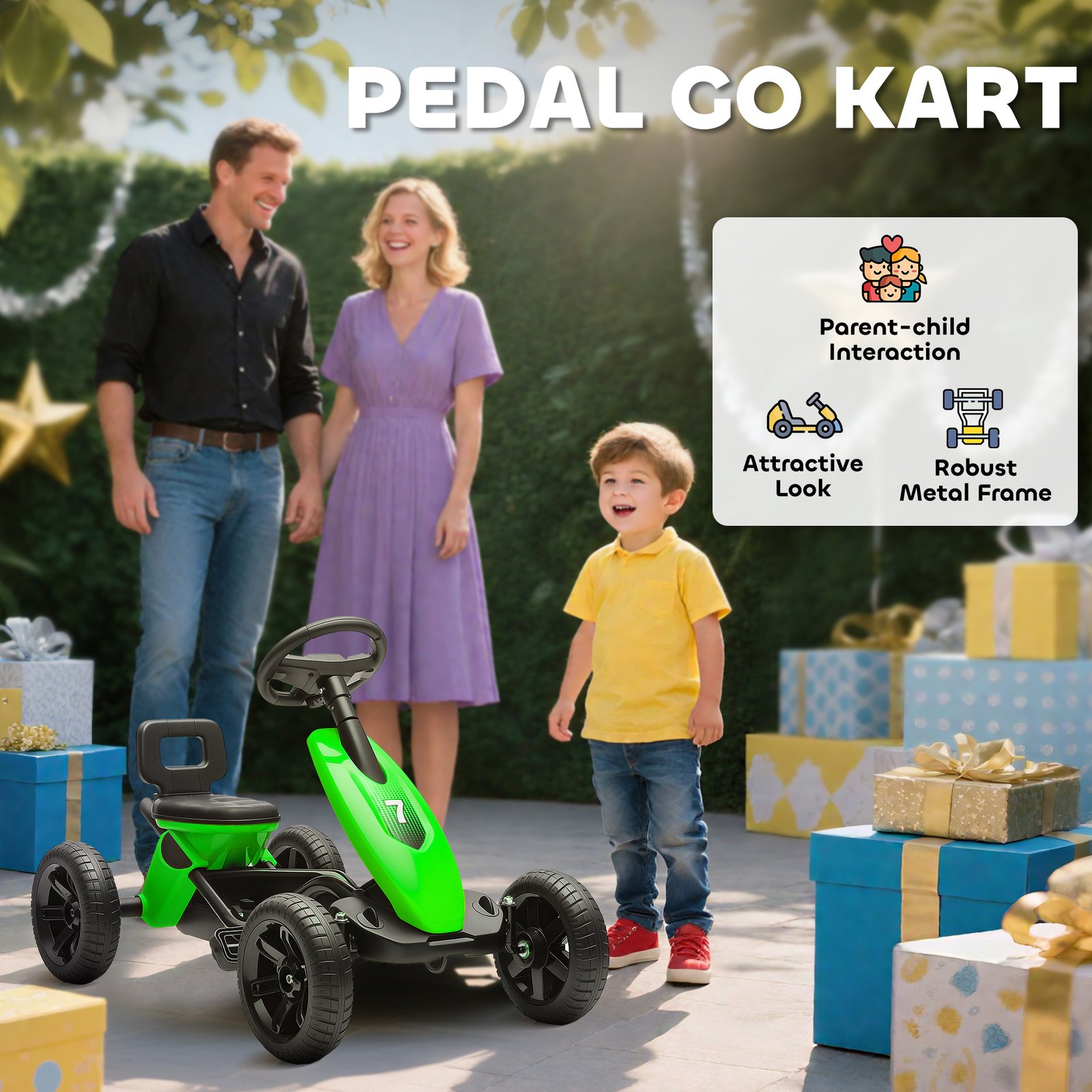 AIYAPLAY Pedal Go Kart for Kids 2-5 Years, with Silent EVA Wheels, Metal Frame, Green - Image 4