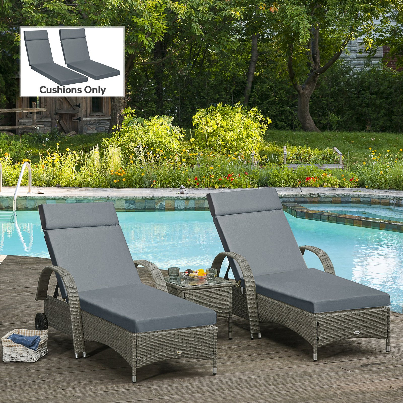Outsunny Set of 2 Sun Lounger Cushions, Replacement Cushions for Rattan Furniture with Ties, 196 x 55 cm, Cushion ONLY, Dark Grey - Image 2