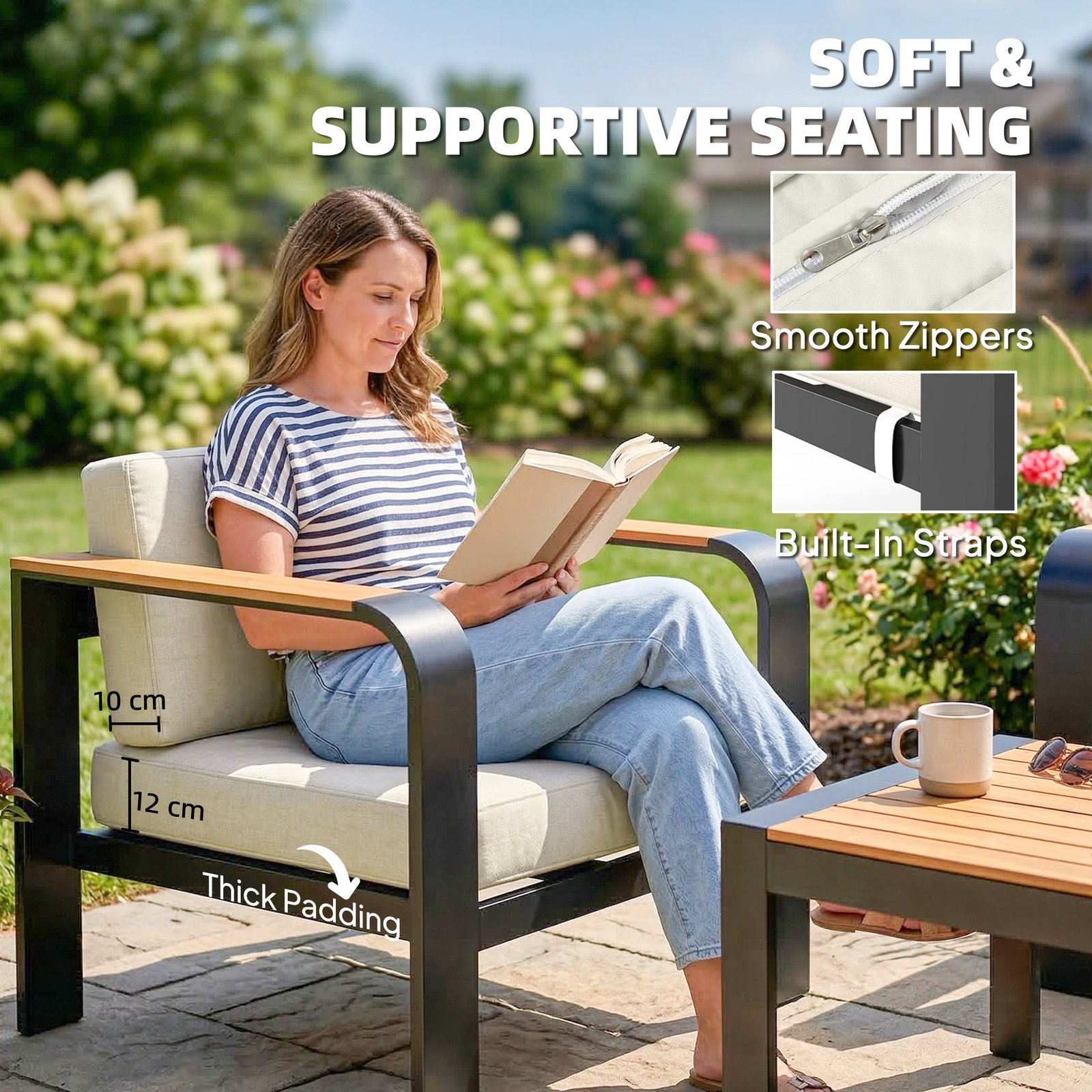 Outsunny 3 Pieces Garden Furniture Set with L-Shaped Sofa, Armchair and Coffee Table, Aluminium Garden Corner Sofa Set - Image 6