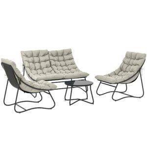 Outsunny 4 Seater Garden Furniture Set, Conversation Set with Loveseat Sofa, Chairs, Glass Coffee Table, Thick Cushions, Steel Outdoor Sofa for Balcony, Poolside, Conservatory, Light Grey