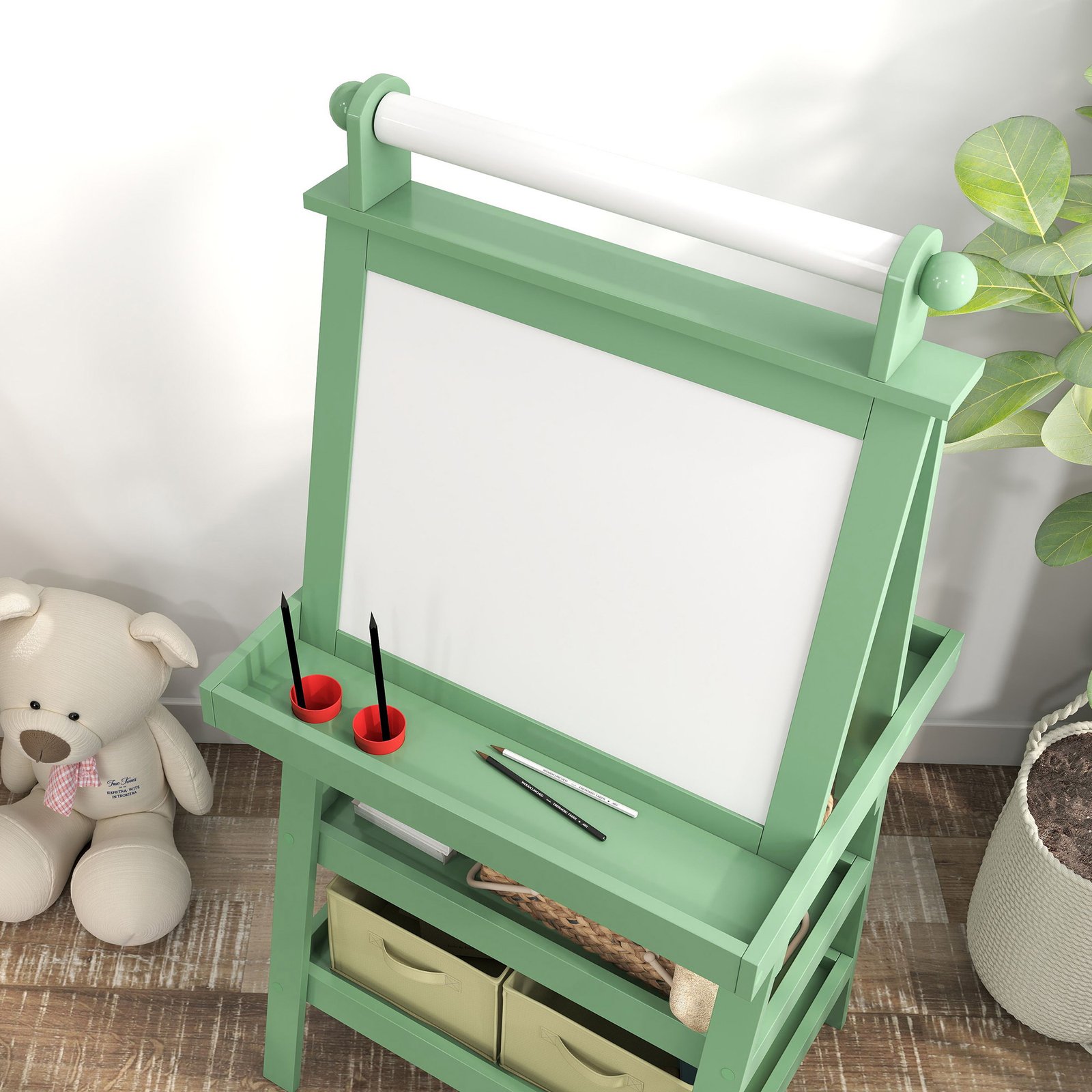 AIYAPLAY 3 in 1 Kids Easel Double-Sided Magnetic Whiteboard and Chalkboard with Paper Roll, Storage Baskets - Green - Image 8