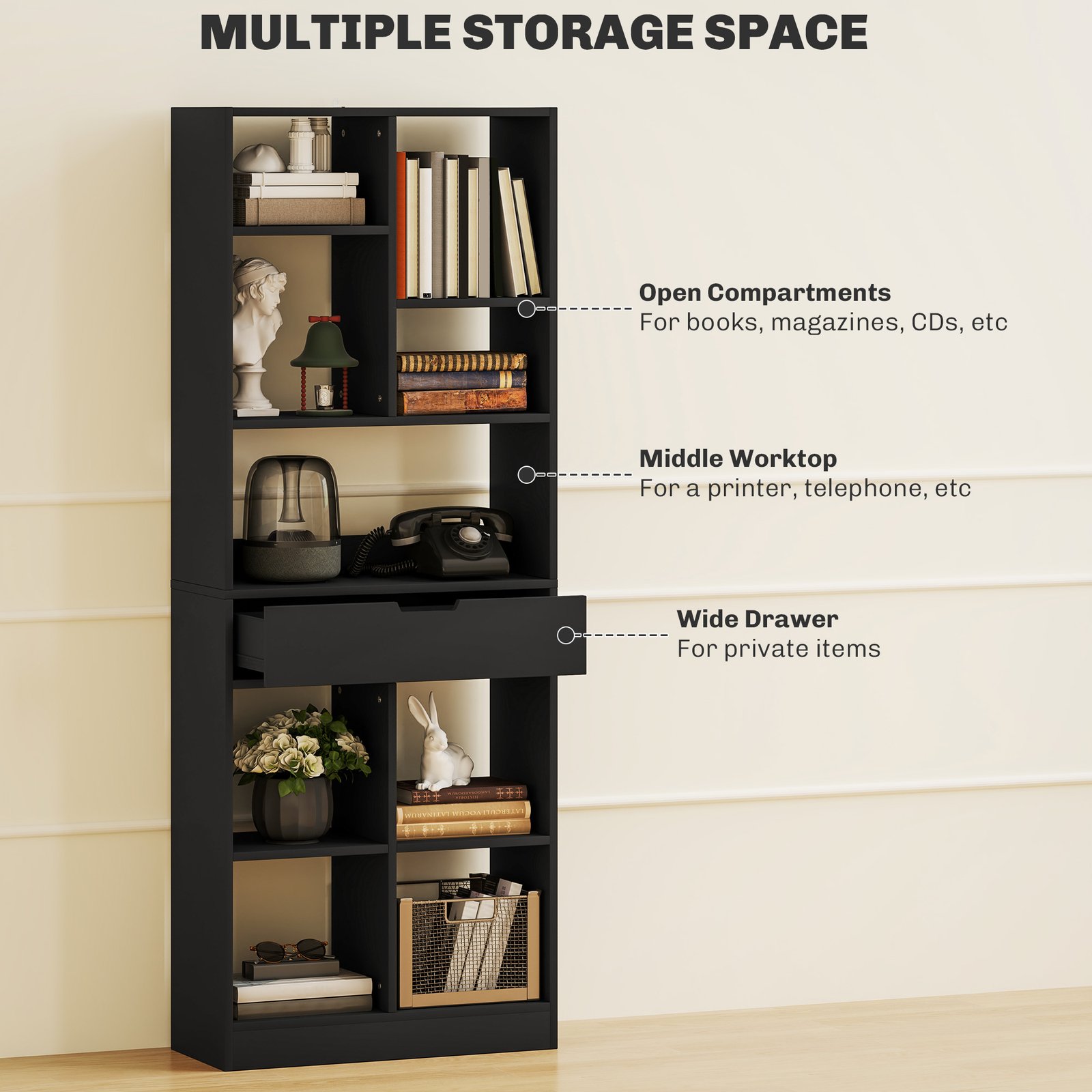 HOMCOM Tall Bookshelf with Drawer, Freestanding Bookcase for Bedroom, Living Room, Home Office, Black - Image 4