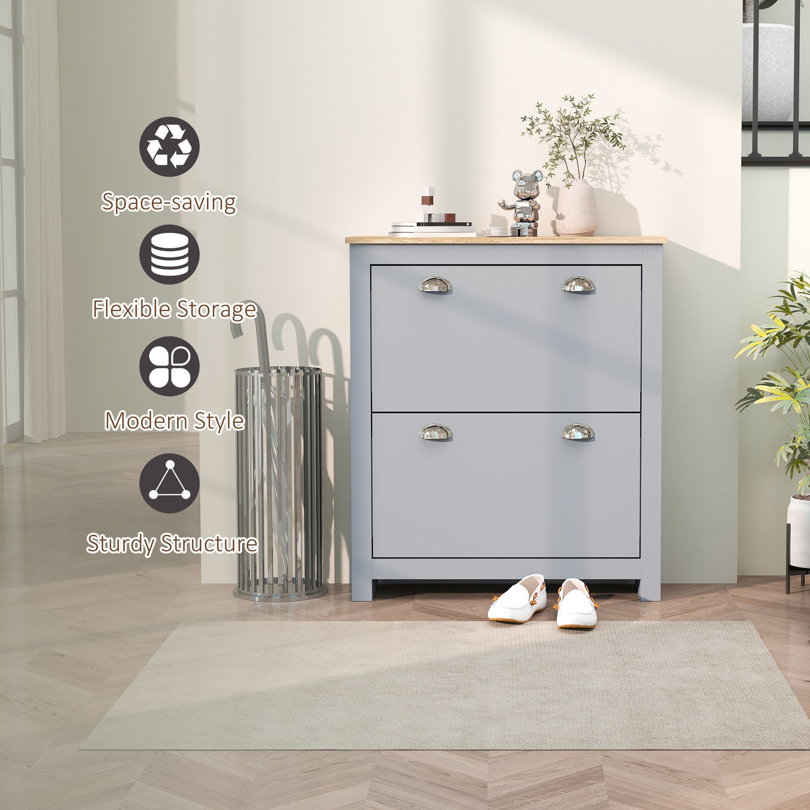 HOMCOM 2 Drawer Shoe Cabinet Modern Narrow Shoe Cupboard Hallway Wooden Storage Organiser with Flip Doors Adjustable Shelf for 6-12 Pairs, Grey - Image 7