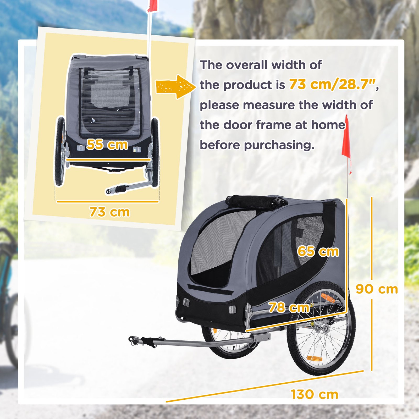 PawHut Steel Dog Bike Trailer Pet Cart Carrier for Bicycle Kit Water Resistant with Hitch Coupler Travel Grey and Black - Image 3