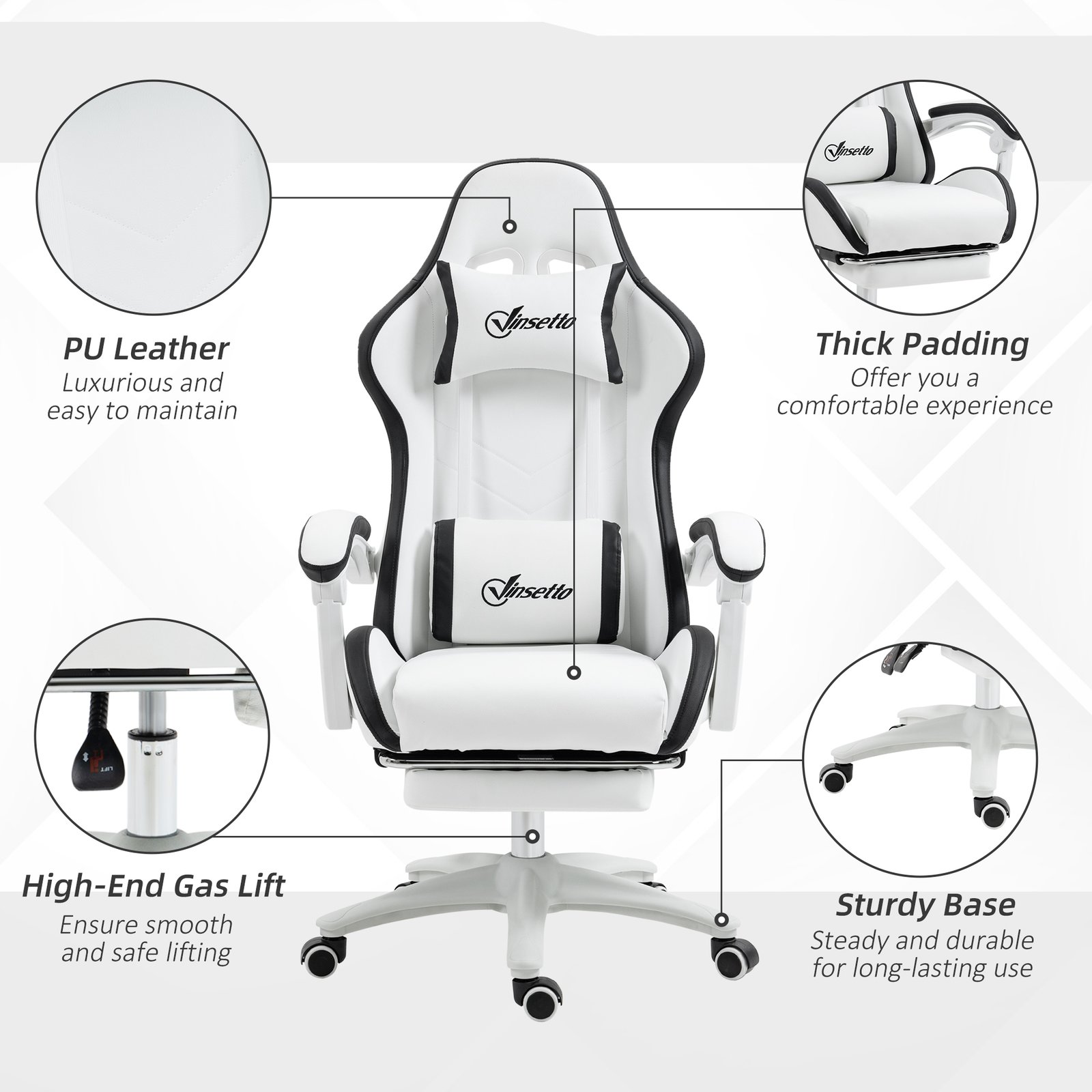 Vinsetto Ergonomic Computer Gaming Chair, PU Leather Office Desk Chair with Footrest, Swivel Wheels, 135° Reclining Back, Lumbar Support, Headrest for Home, White and Black - Image 7