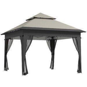 Outsunny 3 x 3(m) Pop Up Gazebo with Mosquito Netting, 1 Person Easy up Marquee Party Tent with 1-Button Push, Double Roof, Carry Bag, Sandbags, Height Adjustable Instant Shelter, Grey