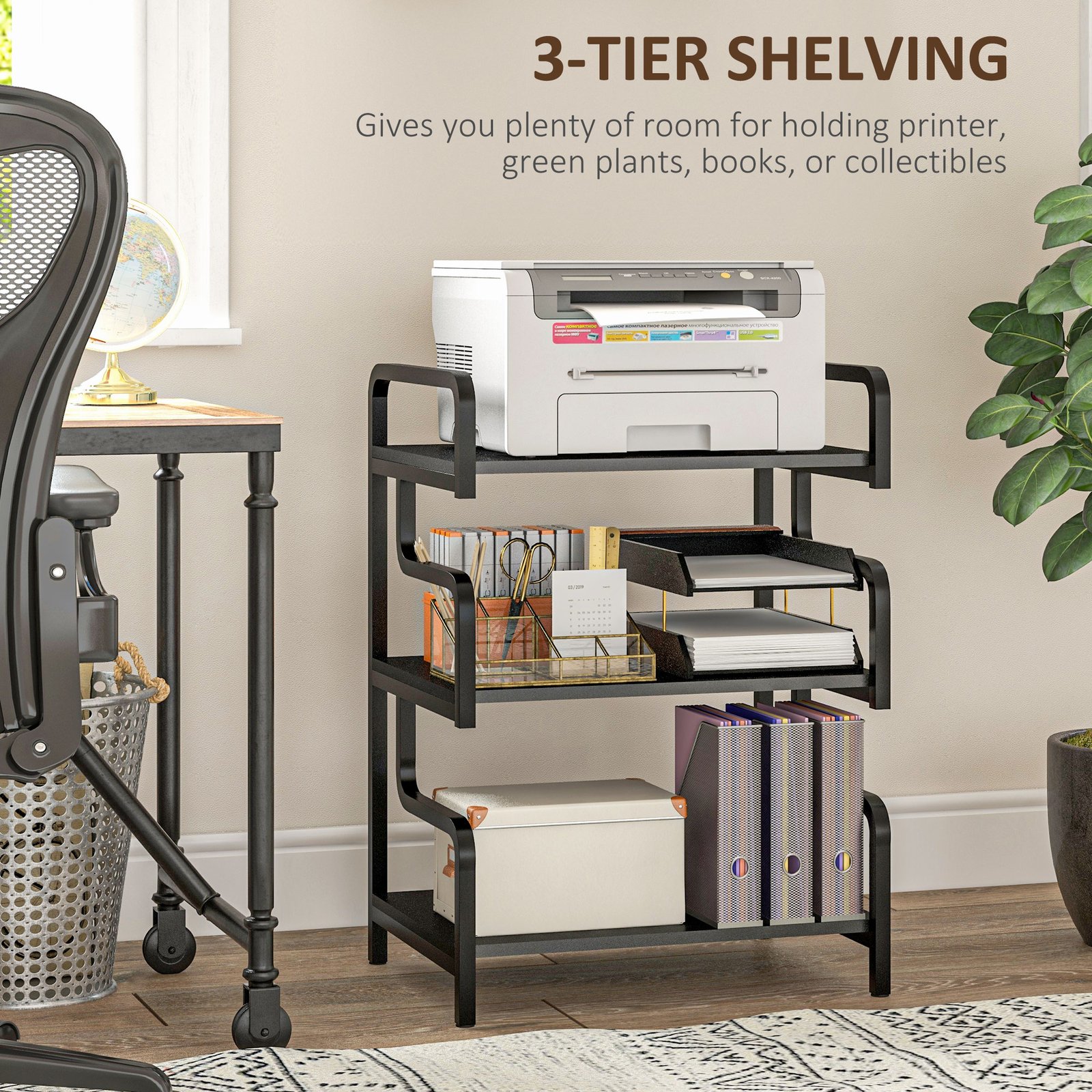 HOMCOM 3-Tier Printer Stand with Storage Shelves, Printer Table, 55 x 40 x 77cm Printer Shelf for Home Office, Study, Black - Image 4