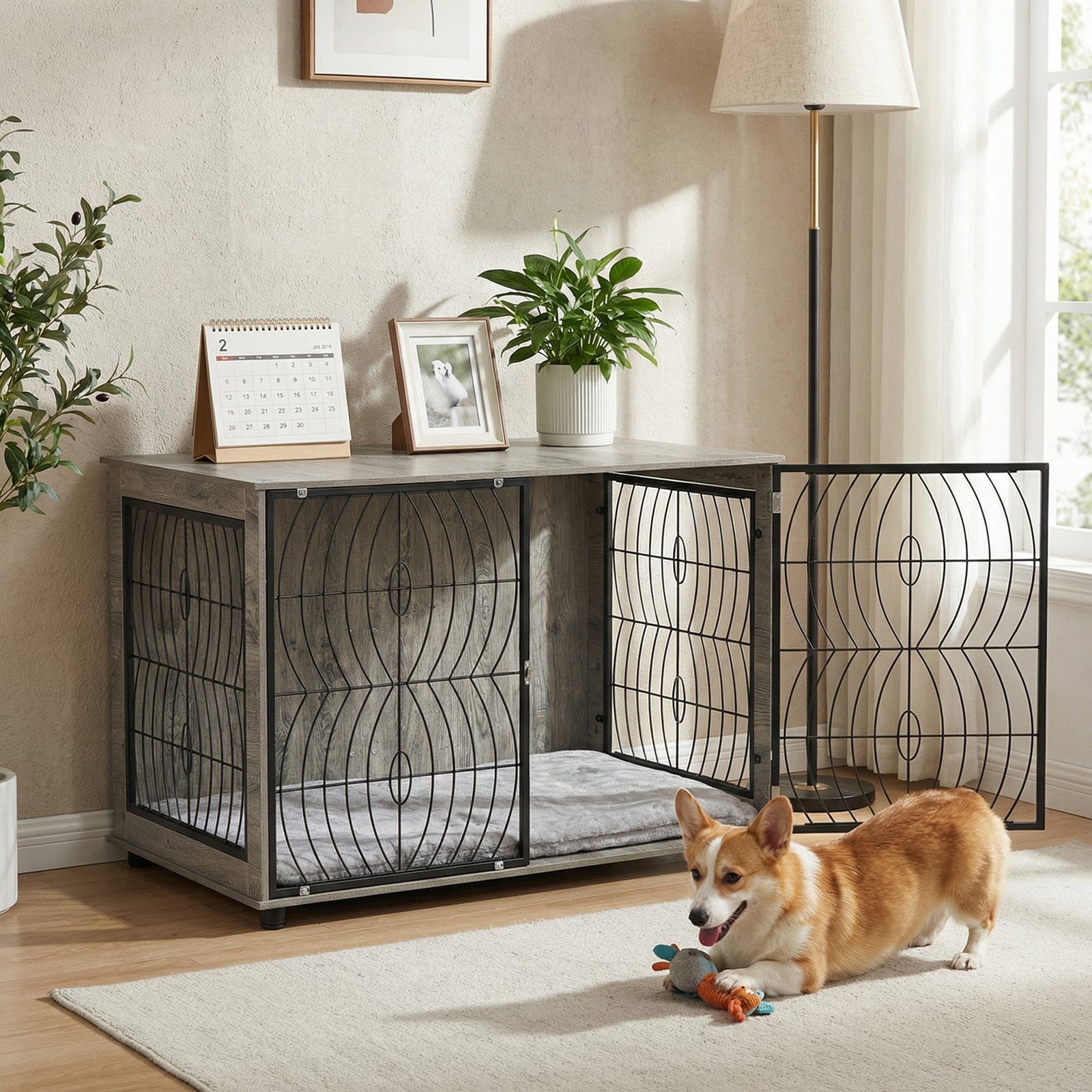 PawHut 46.46'' Dog Crate Furniture End Table w/ Plush Washable Cushion, Lockable Door, for Extra Large Dogs - Image 2