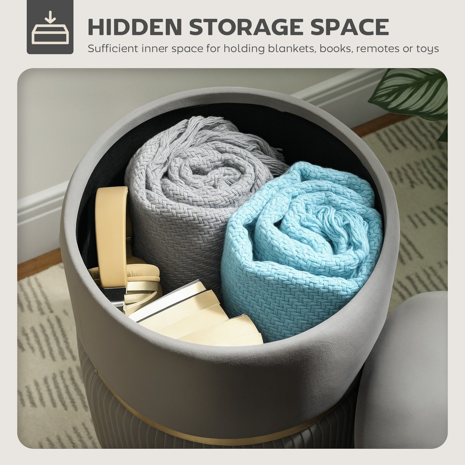 HOMCOM Velvet-Feel Storage Ottoman - Grey - Image 4