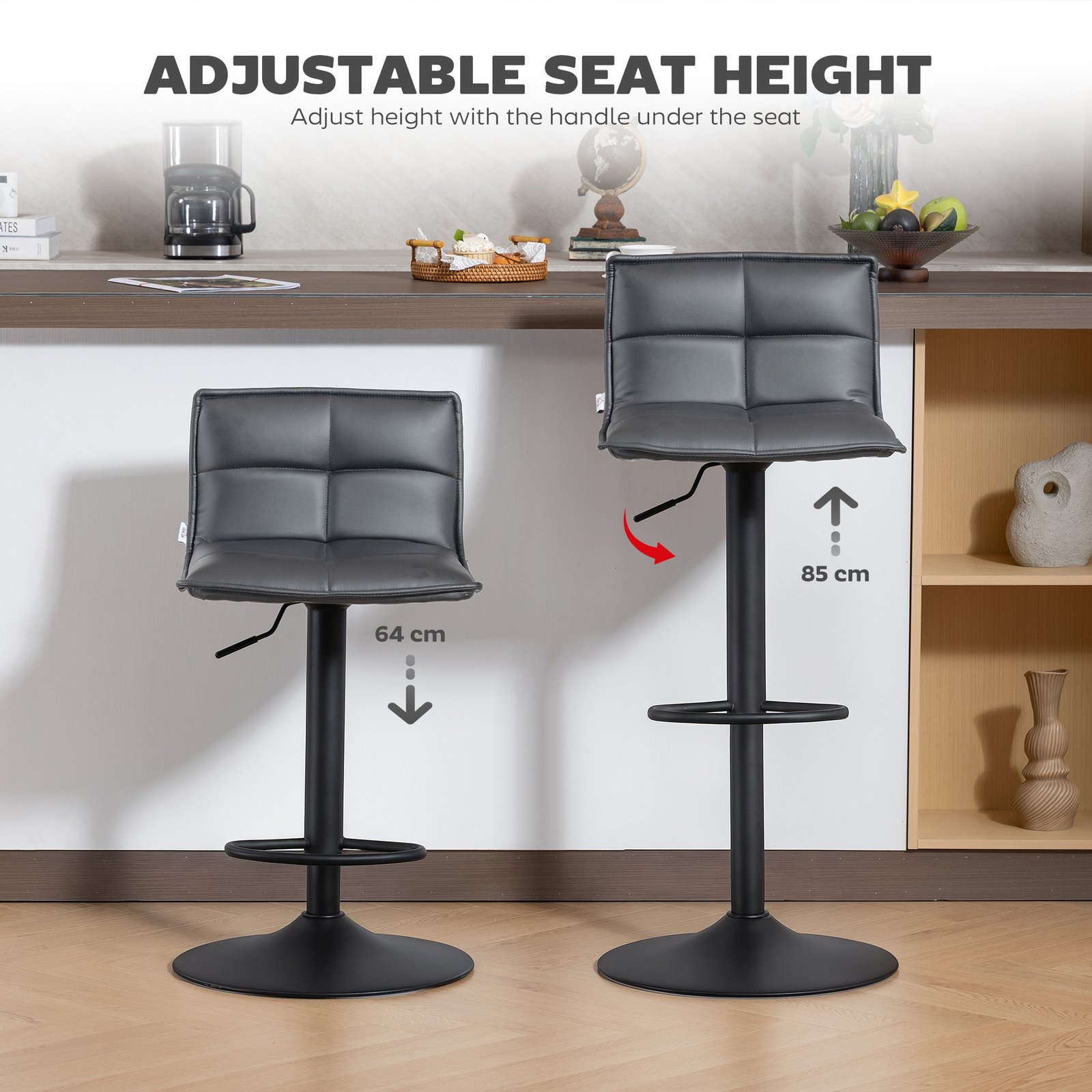 HOMCOM Set of Two Modern Faux Leather Bar Stools - Dark Grey - Image 5