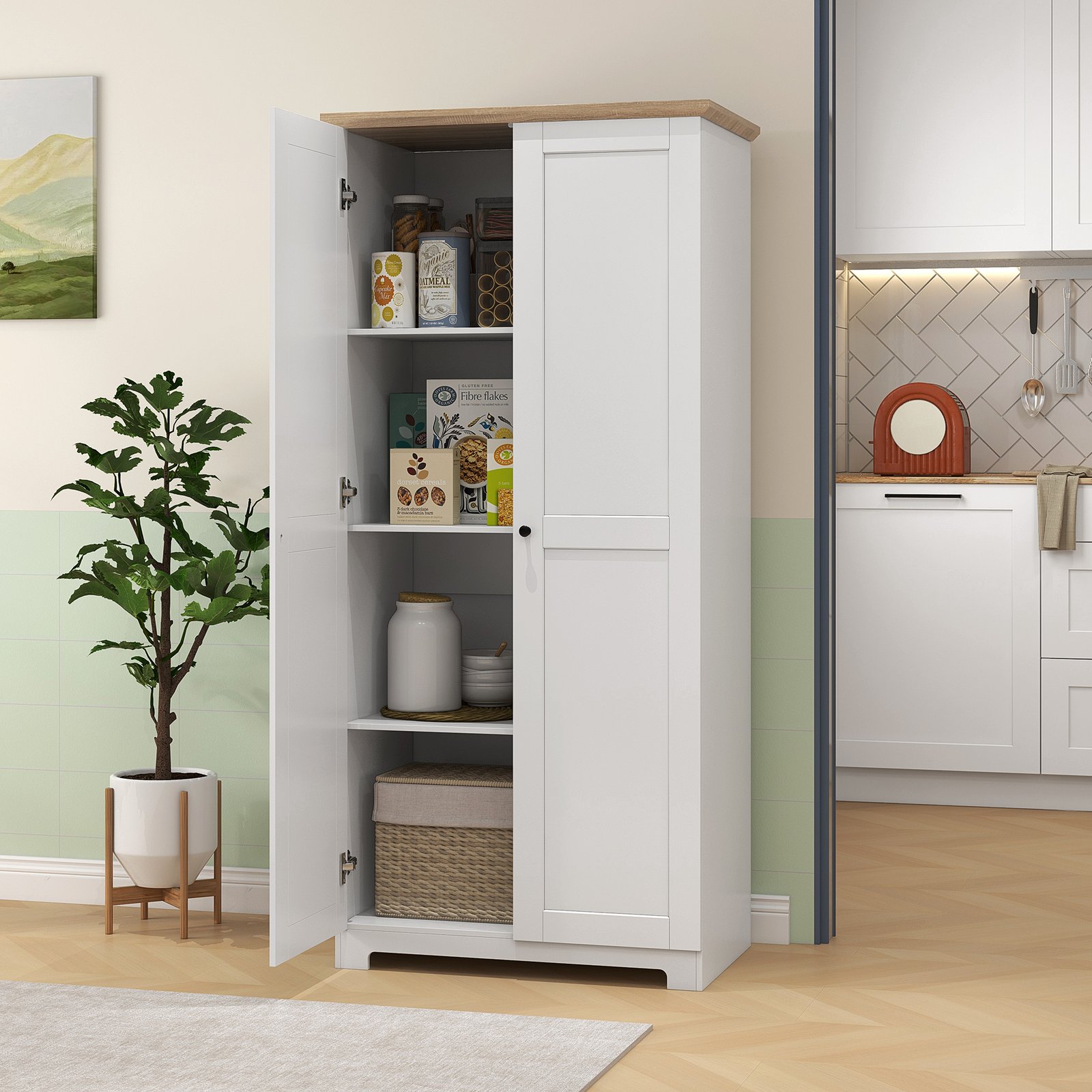 HOMCOM 172cm Kitchen Cupboard, Freestanding Storage Cabinet with Doors and Shelves, Modern 2-Door Kitchen Pantry Cupboard for Dining Room, White - Image 2