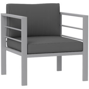 Outsunny Garden Sofa, All-Weather Garden Single Sofa with Removable Cushions, Metal Frame Outdoor Furniture for Balcony, Charcoal Grey